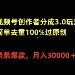 (10002期)视频号创作者分成3.0玩法,简单去重100%过原创,条条爆款,月入30000+