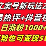 (8484期)文案号新玩法 网易热评+抖音文案 一天涨粉1000+ 多种变现模式 泛粉也可变现