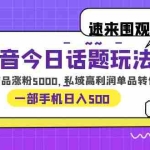 (6281期)抖音今日话题玩法,1条作品涨粉5000,私域高利润单品转化 一部手机日入500