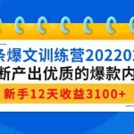 (4167期)头条爆文训练营202202期,不断产出优质的爆款内容,新手12天收益3100+