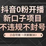 (13301期)抖音0粉开播,新口子项目,不违规不封号,小白可做,一天躺赚3K+