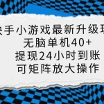 (14166期)快手小游戏最新版升级玩法,新风口,无脑单机日入40+,可批量放大,小…