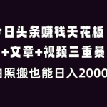 （16888期）今日头条赚钱天花板！微头条+文章+视频三重暴利玩法，小白照搬也能日人2000+