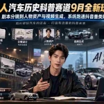 （20413期）AI仿真人汽车历史科普赛道9月全新玩法：从选题写稿、剧本分镜到人物资产与视频生成，系统跑通抖音垂类账号全流程